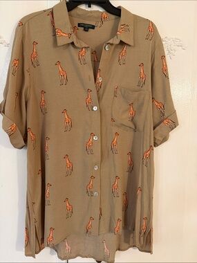 For Cynthia Tan Button-Up Tunic with Orange Giraffe Print